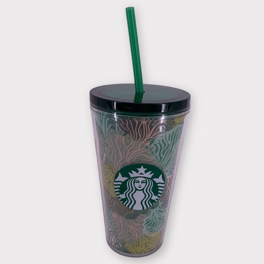 Starbucks Coral Reef Cold Cup With Straw 16 Oz Grande Tumbler 2021 Green Pink